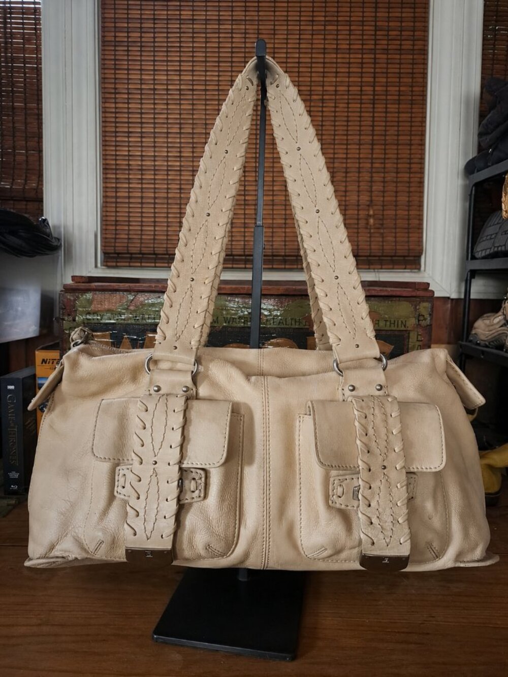 Michael Kors Western Boho Leather Satchel Shoulder Bag Cream Ivory Cargo Pockets